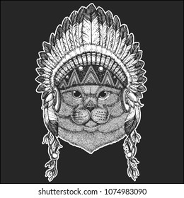 Brithish noble cat Male Cool animal wearing native american indian headdress with feathers Boho chic style Hand drawn image for tattoo, emblem, badge, logo, patch