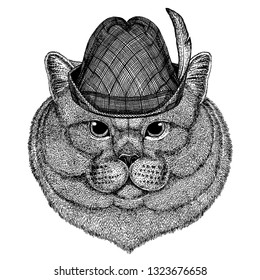 Brithish noble cat Male Hand drawn image for tattoo, emblem, badge, logo, patch