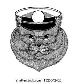 Brithish noble cat Male Hand drawn image for tattoo, emblem, badge, logo, patch