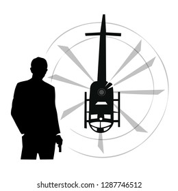 British agent in front of combat helicopter