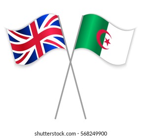British and Algerian crossed flags. United Kingdom combined with Algeria isolated on white. Language learning, international business or travel concept.