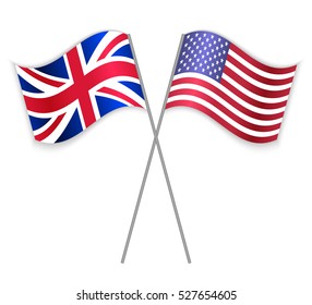 British and American crossed flags. United Kingdom combined with United States of America isolated on white. Language learning, international business or travel concept.