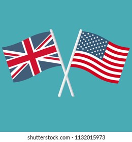 Indicadores vectores del Reino de Gran Bretaña y los Estados Unidos de América. Las banderas de Estados Unidos e Inglaterra se cruzan y se balancean con el viento.