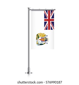 British Antarctic Territory vector banner flag hanging on a silver metallic pole. British Antarctic Territory vertical flag template isolated on background.