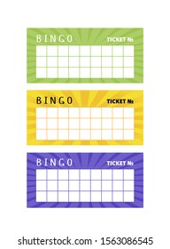 British bingo cards for party with place for numbers. Vector lottery ticket templates with purple, yellow and green glowing backgrounds. Ready for print