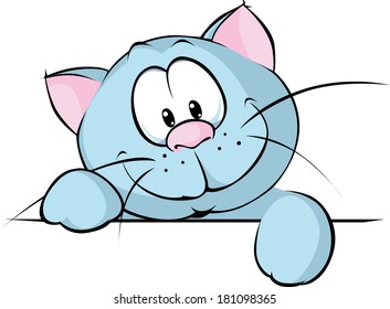 british blue cat peeking from behind the desk isolated on white background - cartoon illustration