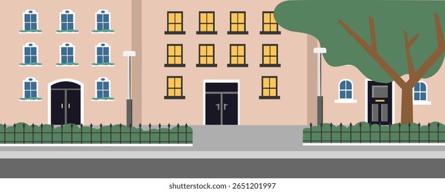 Edifício britânico. Estilo de construção europeu. Estilo moderno de construção. Apartamento da cidade. Calçada e estrada. Vizinhança. Centro. Paisagem urbana.