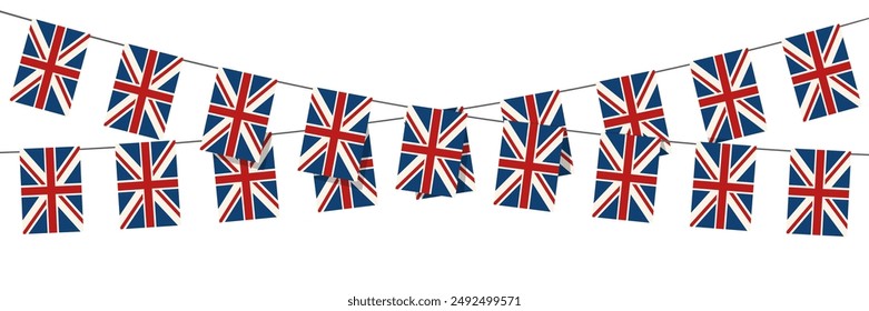British bunting flags on white background. Union Jack bunting garlands.