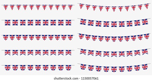 British bunting set with UK flags. Great Britain flags garland. Union Jack decoration for celebrate, party or festival. Vector illustration.  svg