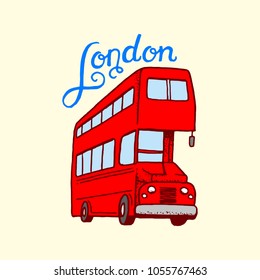 British bus in London. Country England label. Vintage transport. Engraved hand drawn sketch. Symbol, badge or stamp, emblem. United Kingdom.
