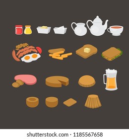 British cafe menu elements set. English breakfast, lunch and dinner. Sausage, egg, becon and beans. Meat and sandwich. Fish and chips, pastry and pudding. London tea vector illustration.