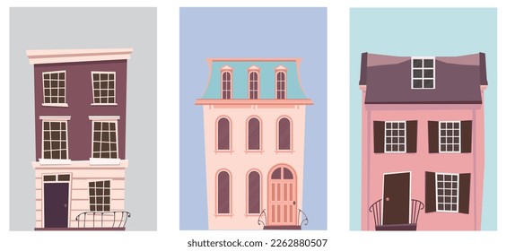 British cartoon-style houses. Funny vector buildings on a neutral background. 