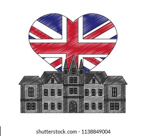 british castle with flag of grear britain in shape heart