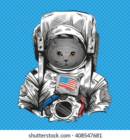 British cat in astronaut suit. Hand drawn vector illustration
