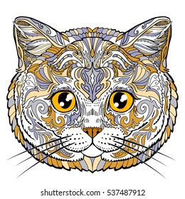 British cat face doodle coloring book page for adult. Vector illustration. Hand drawn artwork.