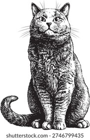 A British cat is sitting. The graphic image is styled after a pen and ink hand drawing. This cat symbolizes good luck, wealth and money.