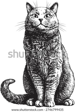 A British cat is sitting. The graphic image is styled after a pen and ink hand drawing. This cat symbolizes good luck, wealth and money.