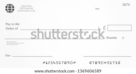 British checkbook page. Bank check template with pound currency. Blank Cheque.