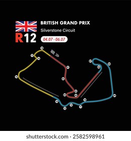 British Circuit 2025 map, vector isolated illustration for racing calendar, ready to print