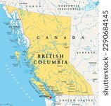 British Columbia, BC, province of Canada, political map. Situated on the Pacific Ocean, bordered by Alberta, the Northwest Territories, Yukon, and the US states Alaska, Idaho, Montana and Washington.