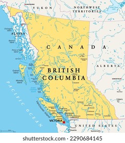 British Columbia, BC, province of Canada, political map. Situated on the Pacific Ocean, bordered by Alberta, the Northwest Territories, Yukon, and the US states Alaska, Idaho, Montana and Washington.