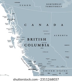 British Columbia, BC, province of Canada, gray political map. Situated on the Pacific Ocean, bordered by Alberta, Northwest Territories, Yukon, and the US states Alaska, Idaho, Montana and Washington.