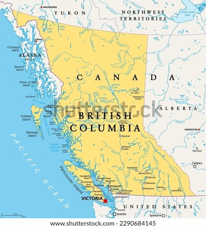 British Columbia, BC, province of Canada, political map. Situated on the Pacific Ocean, bordered by Alberta, the Northwest Territories, Yukon, and the US states Alaska, Idaho, Montana and Washington. Stockfoto © 