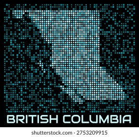 British Columbia, Canada digital dotted map. Shape of the province in cyan color palette on dark background. Futuristic British Columbia, Canada map design. Vector illustration.