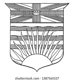 British Columbia Coat Of Arms Is The First Heraldic Provincial Symbol Was The Great Seal Of The Province, It Is The Royal Crest Of The Crowned Lion Upon The Imperial Crown, Vintage Line Drawing