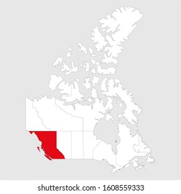 British columbia highlighted on canada map. Gray background. Canadian political map.