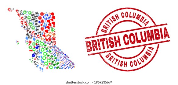 British Columbia map collage and scratched British Columbia red round stamp. British Columbia stamp uses vector lines and arcs. British Columbia map mosaic contains markers, houses, showers, bugs,