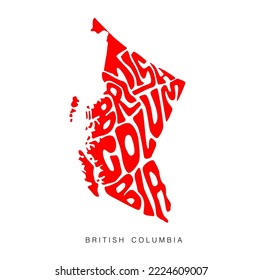 British Columbia Map typography in red color. State British Columbia lettering map art.