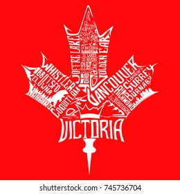 British Columbia Maple Leaf - design dedicated to British Columbia with the names of biggest cities and parks of BC