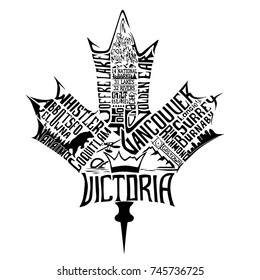 British Columbia Maple Leaf - design dedicated to British Columbia with the names of biggest cities and parks of BC
