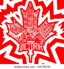 British Columbia Maple Leaf - design dedicated to British Columbia with the names of biggest cities and parks of BC