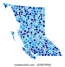 British Columbia Province Map composition of round spots in various sizes and blue shades. Random dots are grouped into British Columbia Province Map collage.