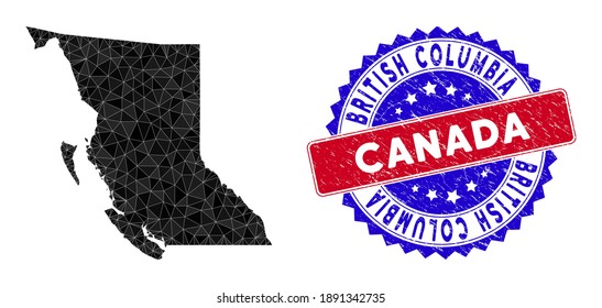 British Columbia Province map polygonal mesh with filled triangles, and grunge bicolor stamp. Triangle mosaic British Columbia Province map with mesh vector model, triangles have randomized sizes,