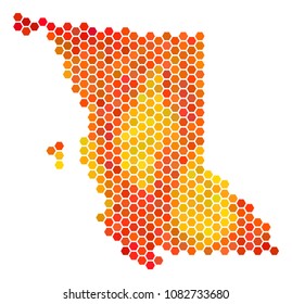 British Columbia Province map. Vector hexagonal geographic scheme using fire color shades. Abstract British Columbia Province map mosaic is constructed of fired honeycomb blots.