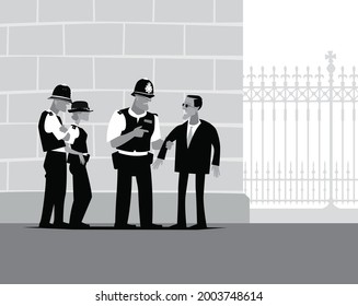 British cops. Cops on the street. A police patrol is trying to detain the suspect. Vector image for prints, poster and illustrations.