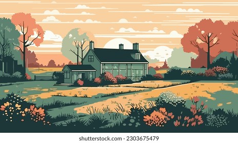 British countryside, English country garden, flat vector illustration, EPS 10.