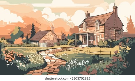 
British countryside, English country garden, flat vector illustration, EPS 10.
