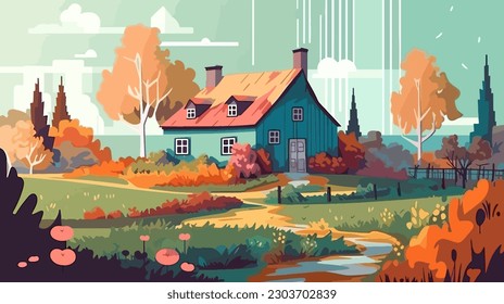 
British countryside, English country garden, flat vector illustration, EPS 10.