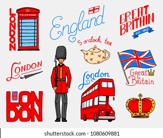 British, Crown and Queen, teapot with tea, bus and royal guard, London and the gentlemen. symbols, badges or stamps, emblems or architectural landmarks, United Kingdom. Country England label.