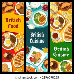 Britische Kochbanner. Beef Wellington, Yorkshire Pudding mit Würstchen und Beerry-Dessert-Pudding, Maispasti, Bratrind mit Gemüse und Knacken, Maische mit Zwiebelgravur, englisches Frühstück