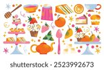 British cuisine breakfast and afternoon tea stand food icon. Scones with jam, pie, cupcake, cakes and sandwich.  Tea time elements. Tea Party Invitation. Vector illustration isolated on background