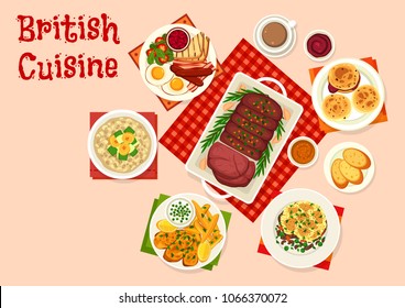 British cuisine breakfast food icon. Egg, bacon, sausage and beans with toast, oatmeal with fruit and roast beef, fish and potato chips, scones with jam and meat casserole with cheese and cream sauce