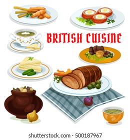 British Cuisine Cartoon Icon With Fish And Fries, Vegetable Irish Stew, Roast Beef With Yorkshire Pudding, Baked Beef, Cucumber Sandwiches, Watercress Cream Soup, Baked Scotch Eggs, Sorrel Soup