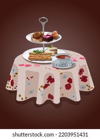 British Cuisine. English black tea at table with sandwiches, cinnamon roll, pastries and cookies served on a two-tier dessert plate. Vector illustration