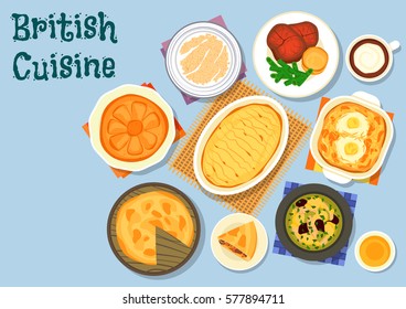 British Cuisine Lunch Menu Icon With Lamb Vegetable Soup, Roast Beef With Yorkshire Pudding, Beef Kidney Pie, Potato Cabbage Casserole With Eggs, Milk Porridge, Lamb Potato Casserole, Honey Pie