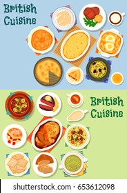 British Cuisine Meat Dishes Icon Set With Vegetable Meat Stew, Potato Lamb Casserole, Meat Pie, Roast Beef, Yorkshire Pudding, Lamb Veggies Soup, Milk Porridge, Honey Pie And Scones With Jam